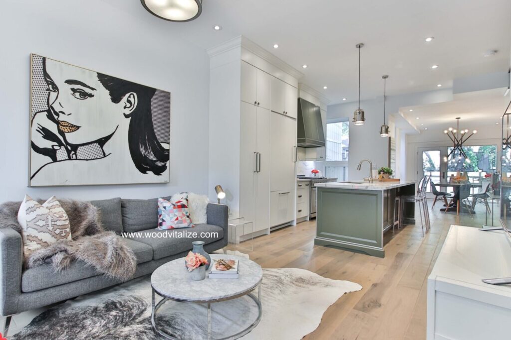 Modern open-plan living room and kitchen design.