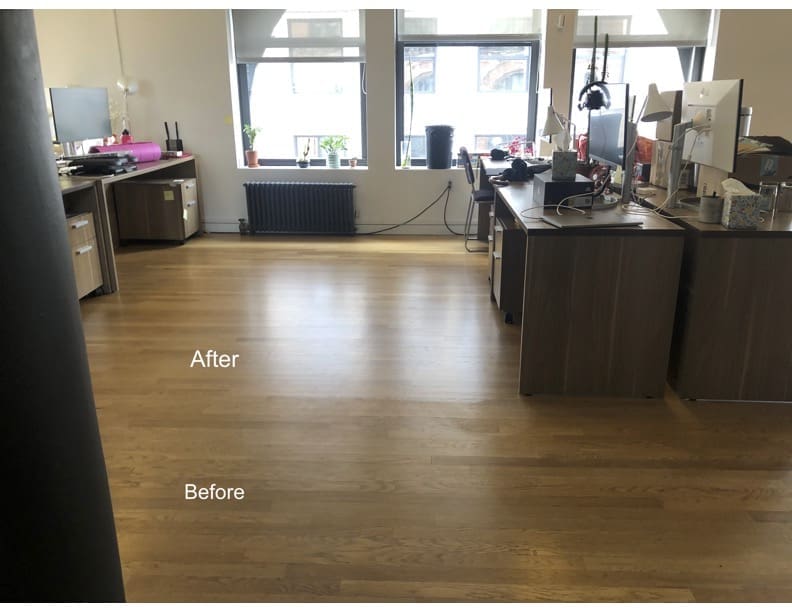 Commercial office hardwood floor before and after cleaning in Tribeca NYC