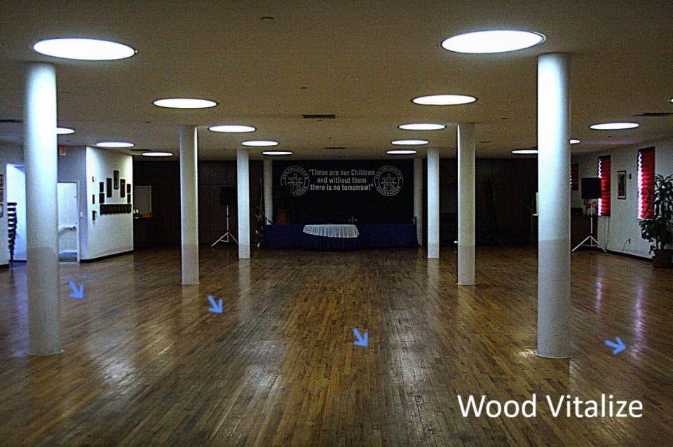 Worn commercial hardwood floors before refinishing in Hudson Yards Manhattan