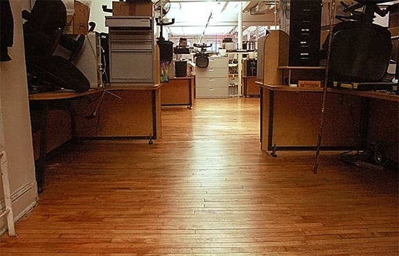 After dustless hardwood floor refinishing with UV cured polyurethane in DUMBO Brooklyn office
