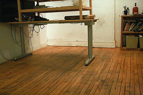 Before hardwood floor deep cleaning and screening in DUMBO Brooklyn office