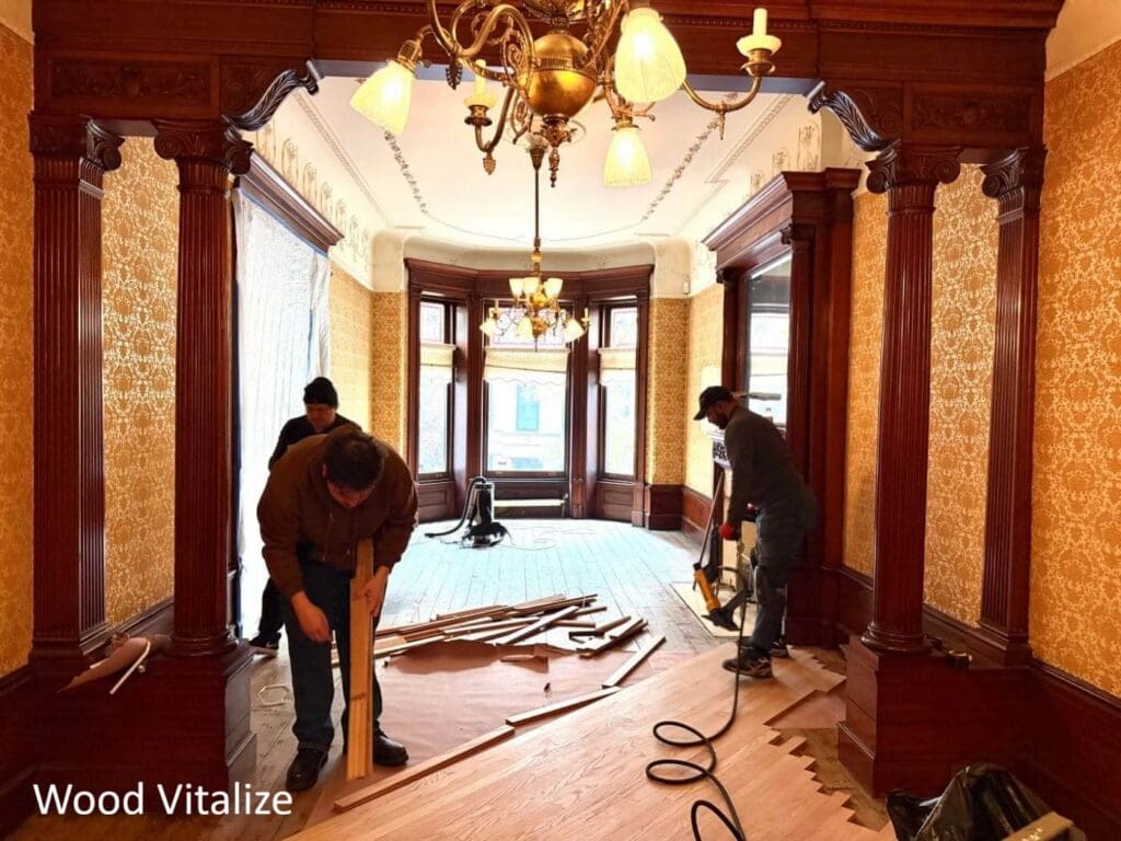 Existing hardwood floor before installation work in Ardsley NY